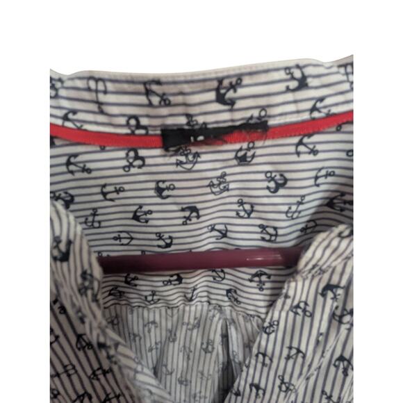 Women's vertical pinstripe w/anchor print cotton button up Henley neckline top - Picture 2 of 13